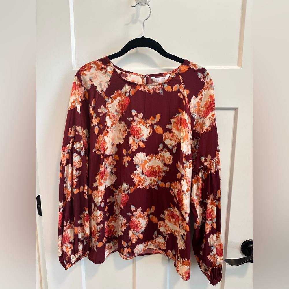 LC Lauren Conrad Red Floral Puff Sleeve Top